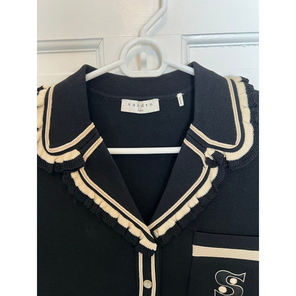 Sandro Paris Fabie Crop Short Sleeve Top Sweater Black White Ruffle Collar S - Picture 7 of 13